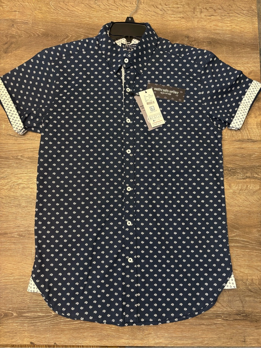 Men’s Navy Short Sleeve Button-Down with White Geo Print by Britches